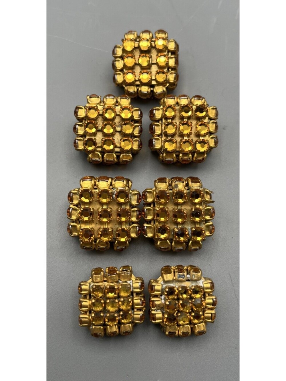 Mid Century Faceted Amber Rhinestone Cube Buttons Topaz Gold Tone Couture Set 7